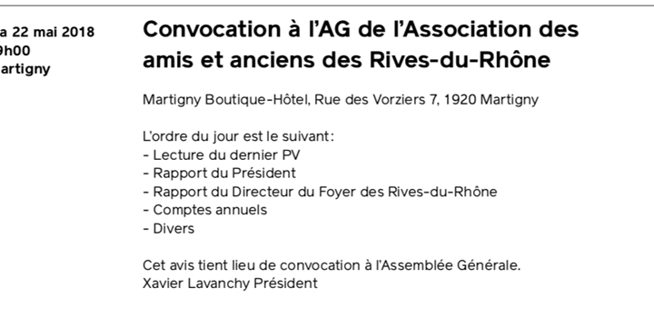 Convocation à l'AG de l'Association des amis et anciens des Rives-du-Rhône 